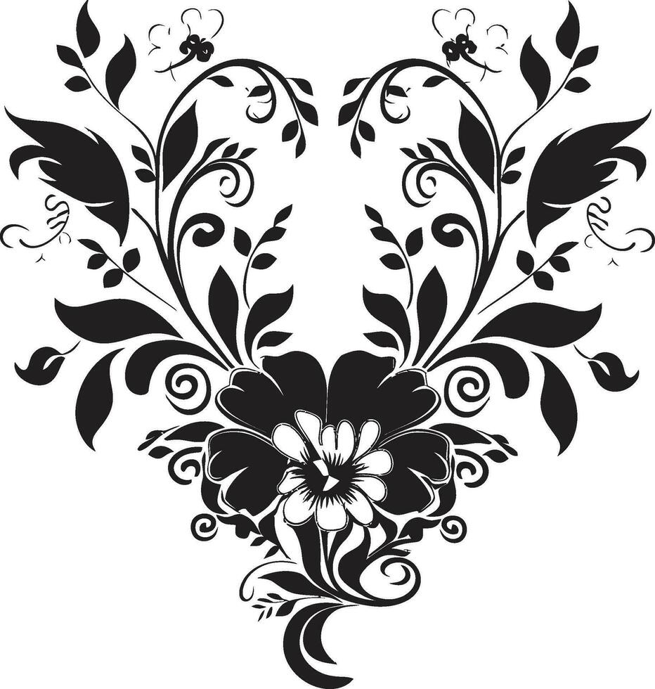 Whimsical Floral Impressions Black Vector Logo Emblem Mystical Blooms Hand Rendered Black Iconic Design