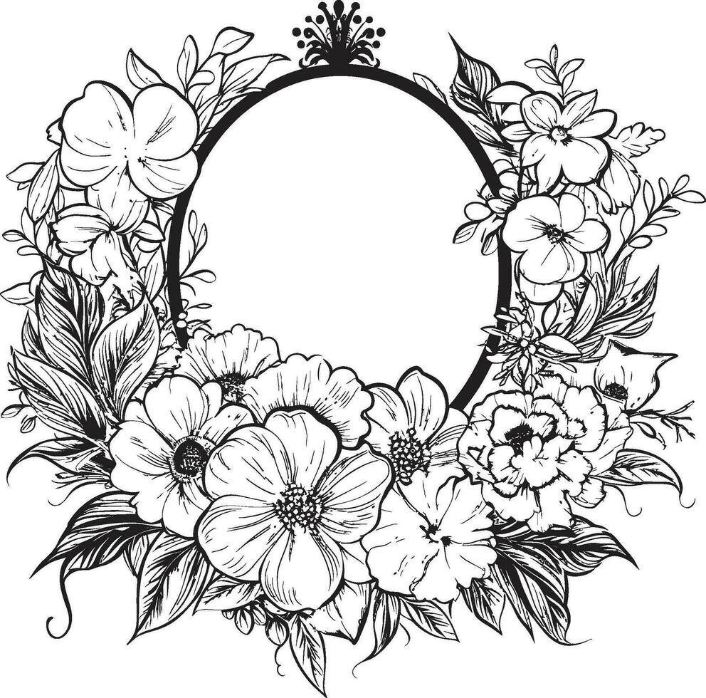 Enchanted Ebony Floral Border Iconic Design Intricate Onyx Bloom Enclosure Emblematic Frame vector