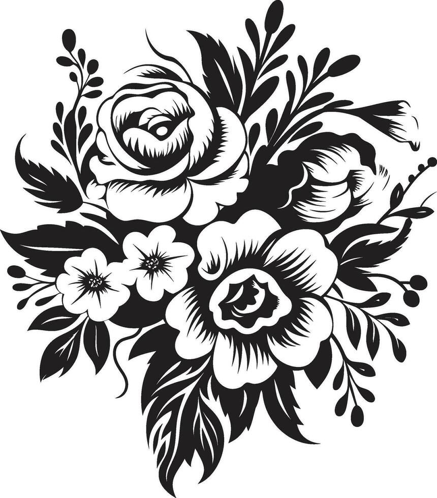 Sculpted Flower Medley Black Floral Logo Design Gothic Bloom Ensemble Decorative Black Vector Emblem