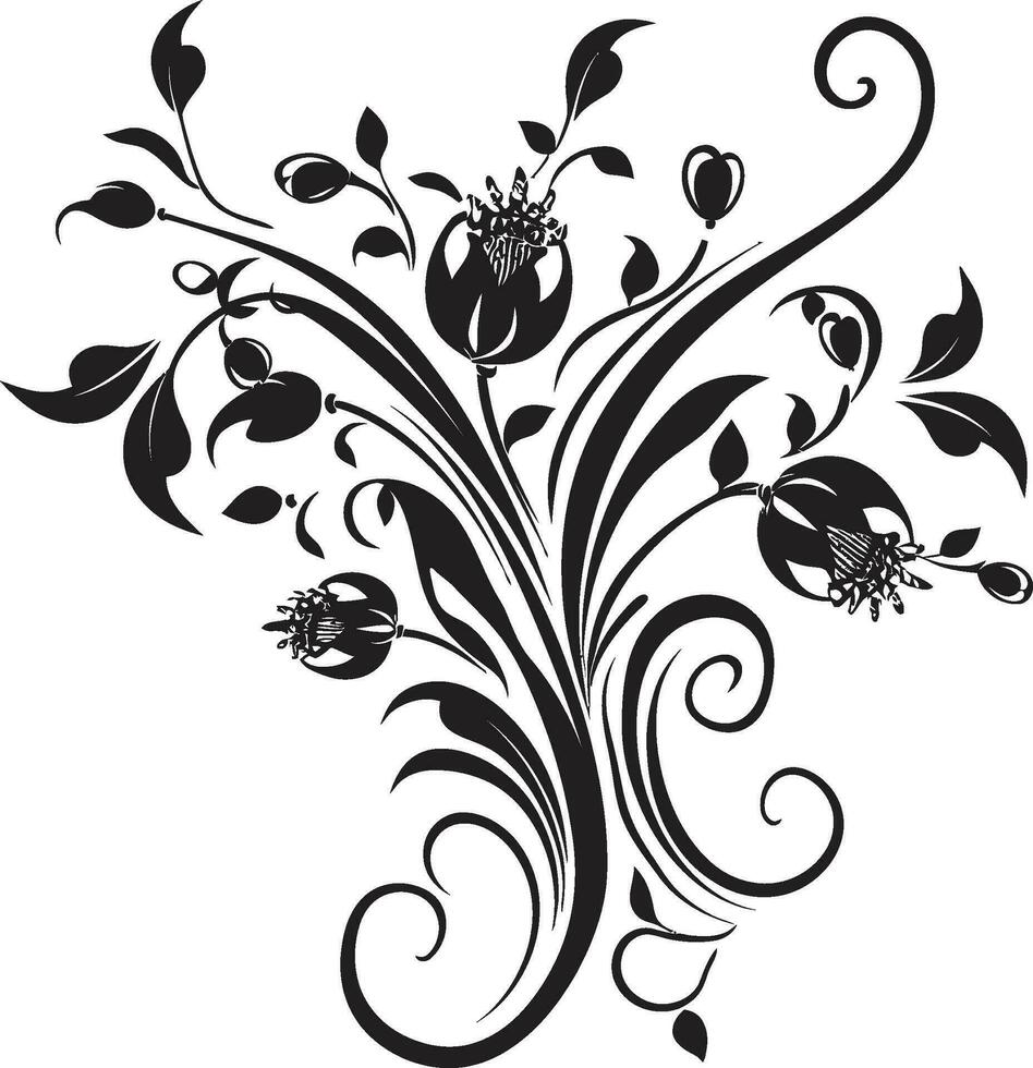 noir botánico remolino negro vector logo emblema artístico floral cascada mano dibujado negro icónico diseño