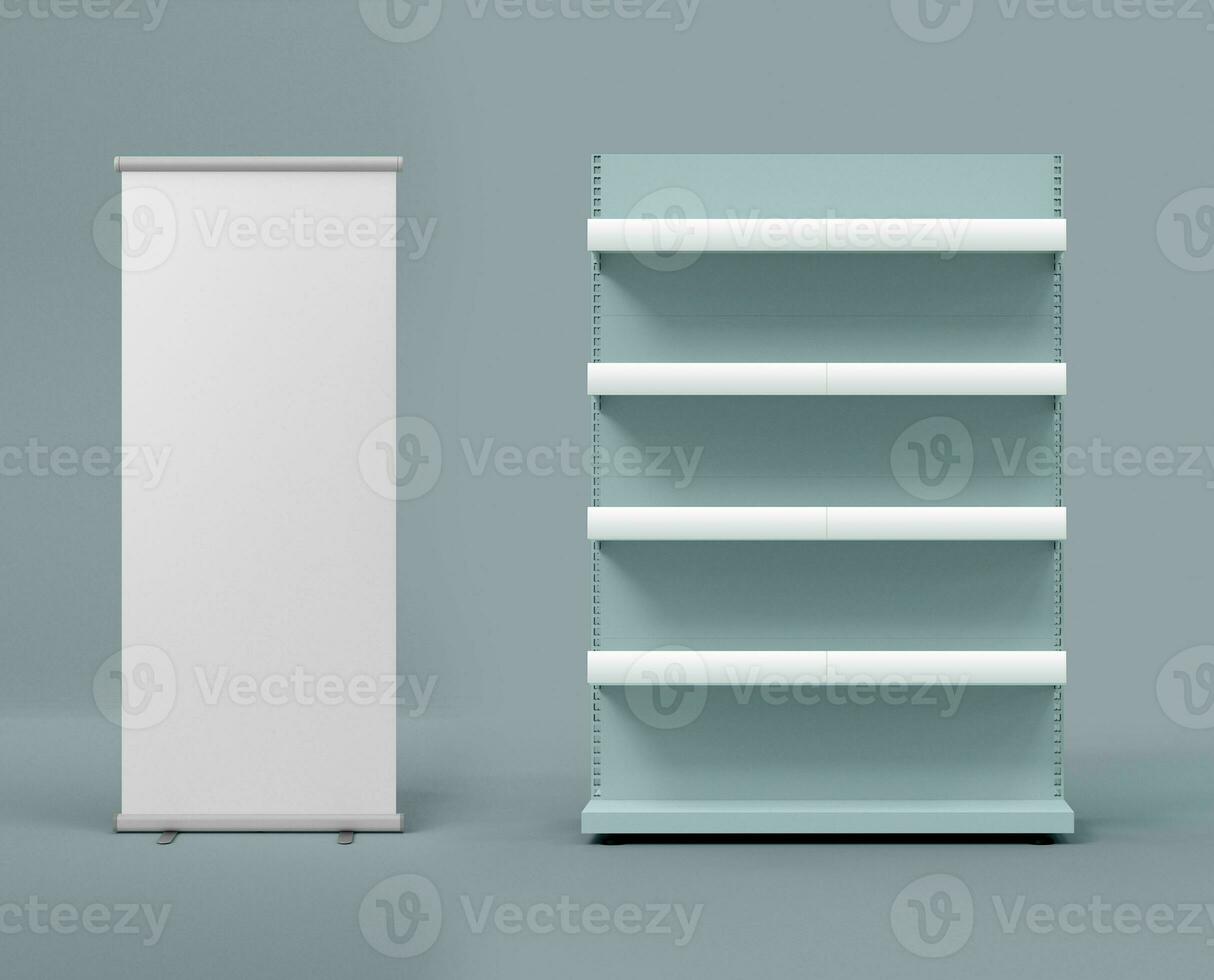 Product display shelf stand with roll up stand 3D illustration photo