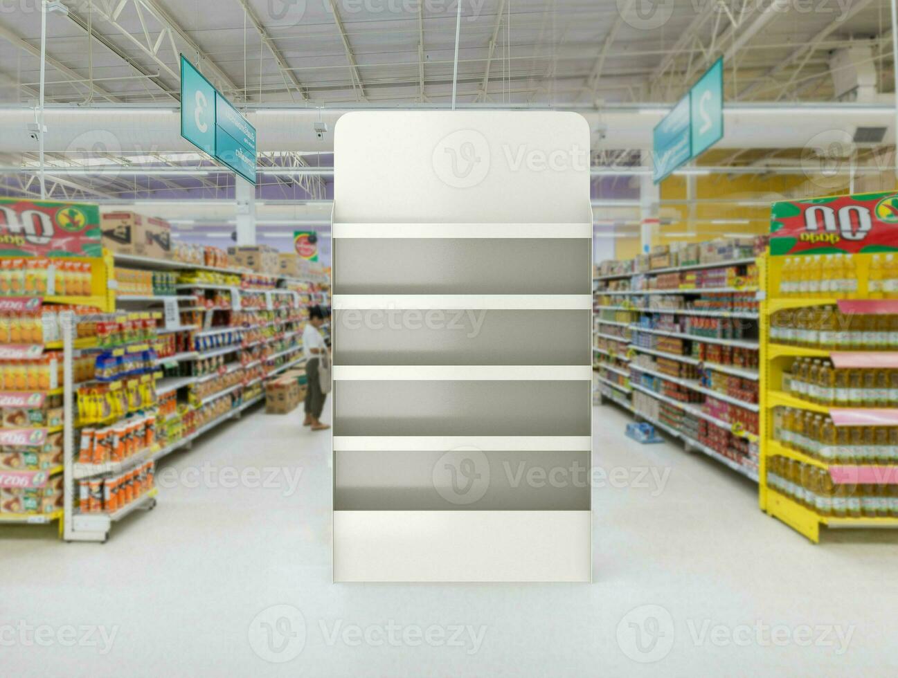 Super market end cap shelf display 3d illustration. Header, Footer and shelf strip. photo