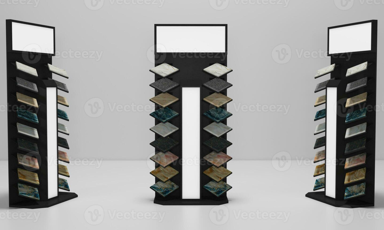 Tile or Marble product display gondola with front screen and LED header. 3D Illustration photo