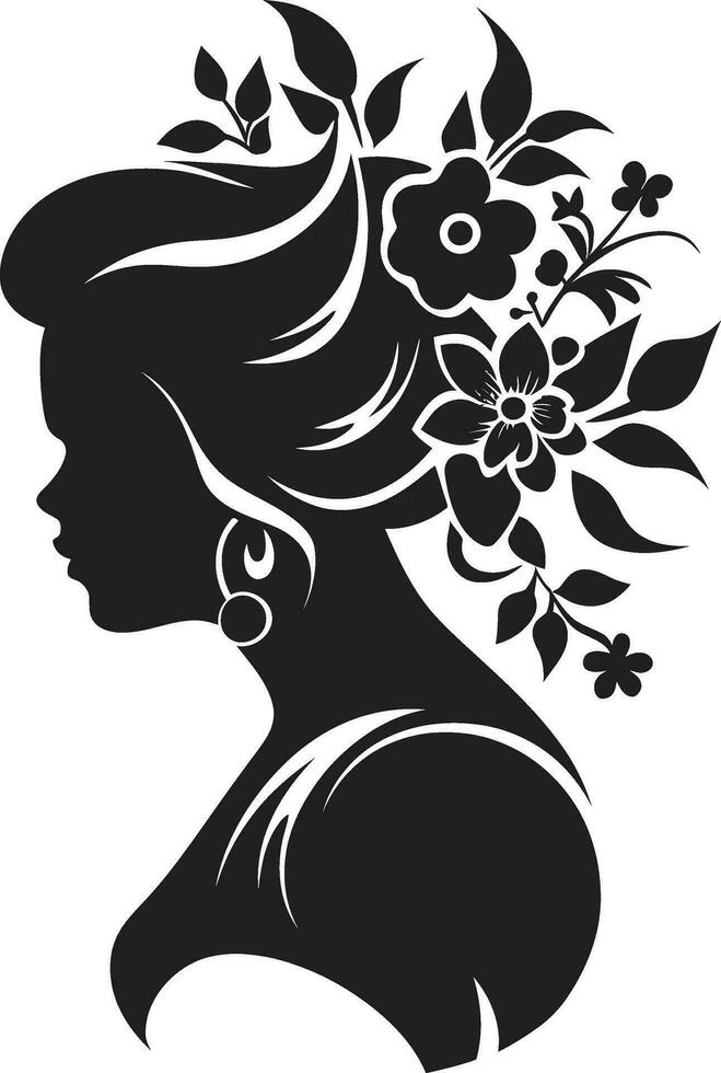 Whimsical Feminine Petals Elegant Black Emblem Modern Flower Portrait Artistic Vector Woman