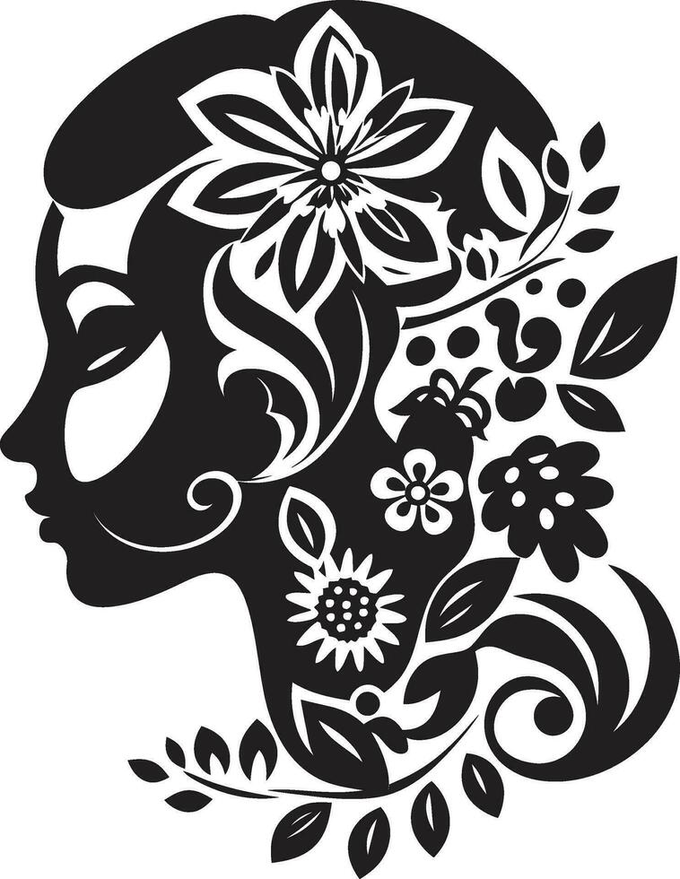 Minimalist Floral Profile Vector Woman Emblem Sophisticated Flora Charm Black Vector Icon