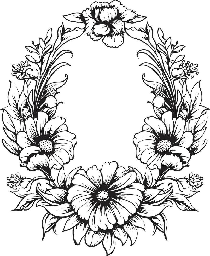 Sculpted Bloom Surround Decorative Black Logo Gothic Floral Enclosure Black Vector Frame