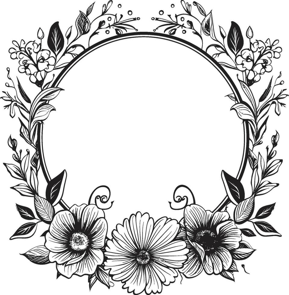 Vintage Petal Enclosure Black Floral Logo Sculpted Ebony Bloom Design Vector Emblem