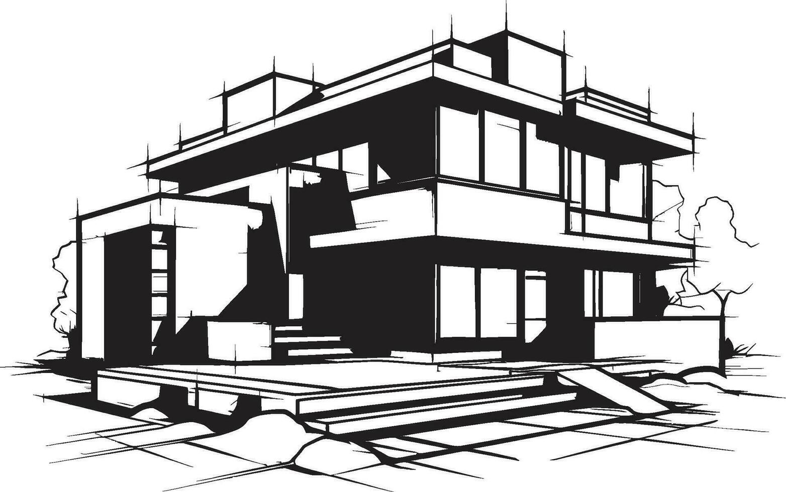 Symmetrical Dwelling Sketch Duplex House Design Vector Emblem Double Residence Blueprint Sketch Idea for Duplex Vector Logo