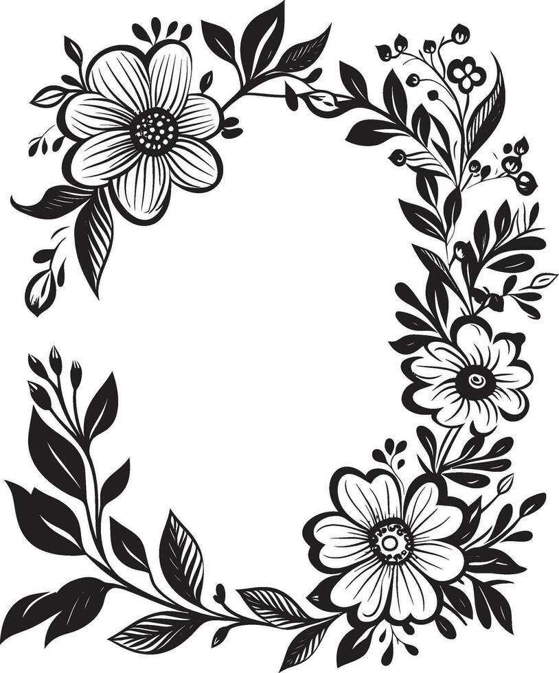 Botanic Elegance Black Floral Frame Icon Ethereal Bloom Wreath Decorative Black Emblem vector