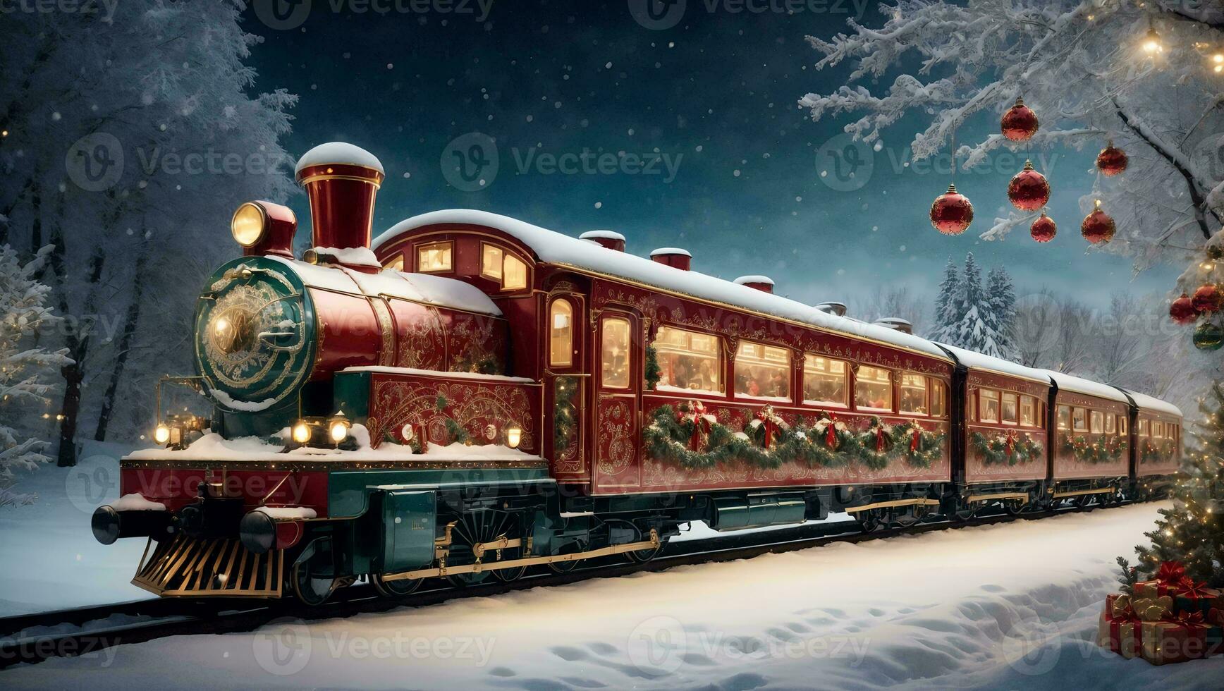 AI generated vintage style train adorned in Christmas decorations photo