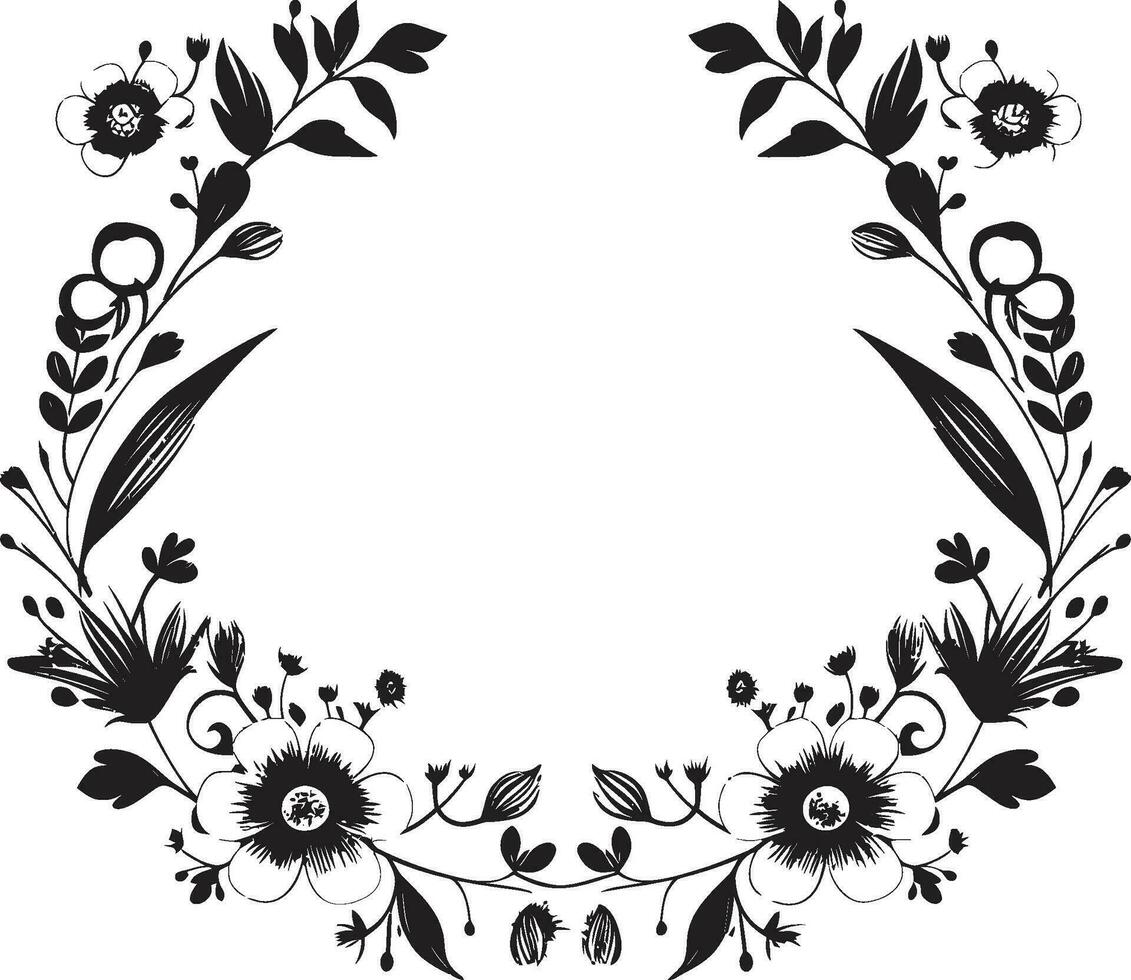 Gothic Floral Encase Decorative Black Icon Harmonious Petal Frame Black Vector Emblem