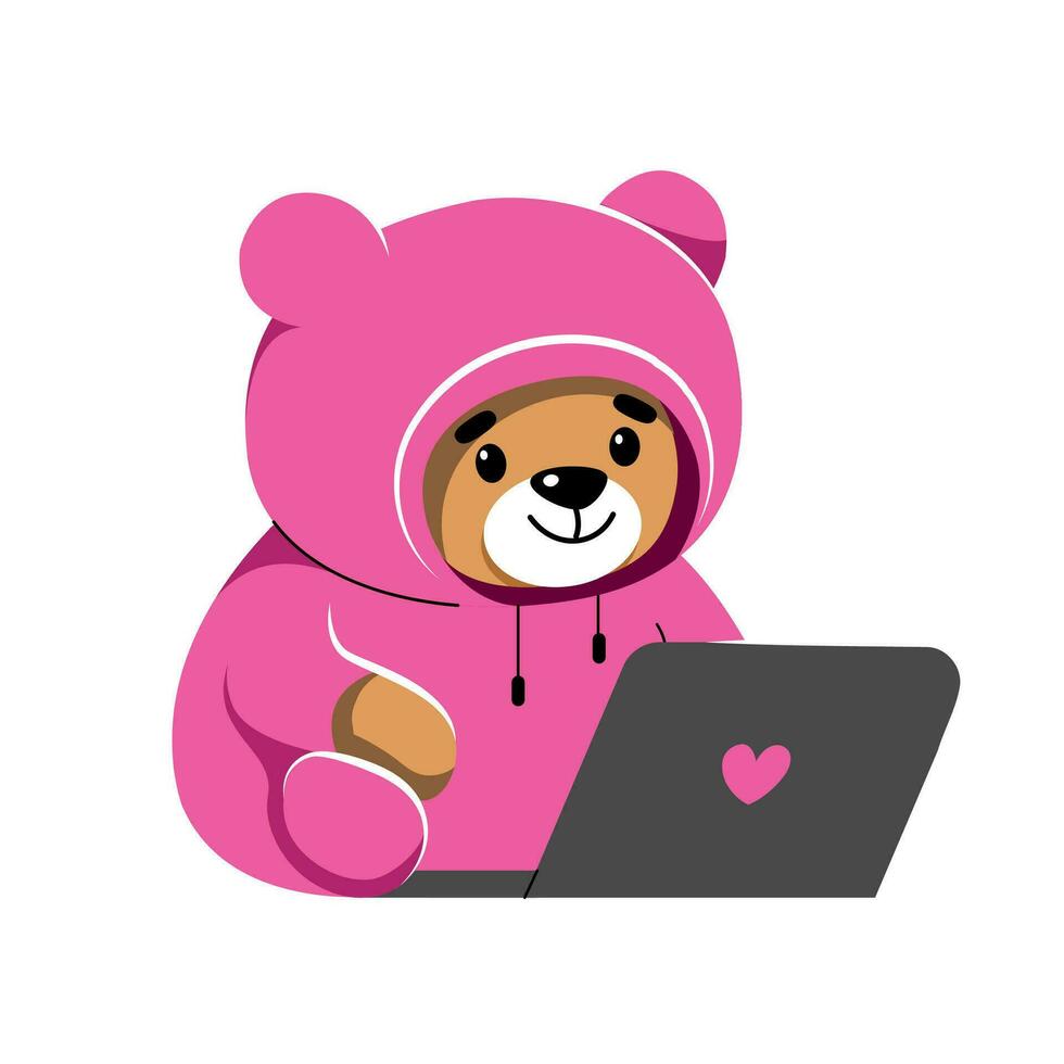 Cute funny Teddy bear in a pink suit is sitting in front of a laptop. Flat, cartoon, vector illustration