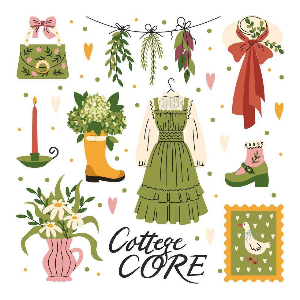 A set of cute cottage core style elements. Rural girl aesthetics. Flowers, retro clothes, vintage dresses. Vector, flat, cartoon illustration vector