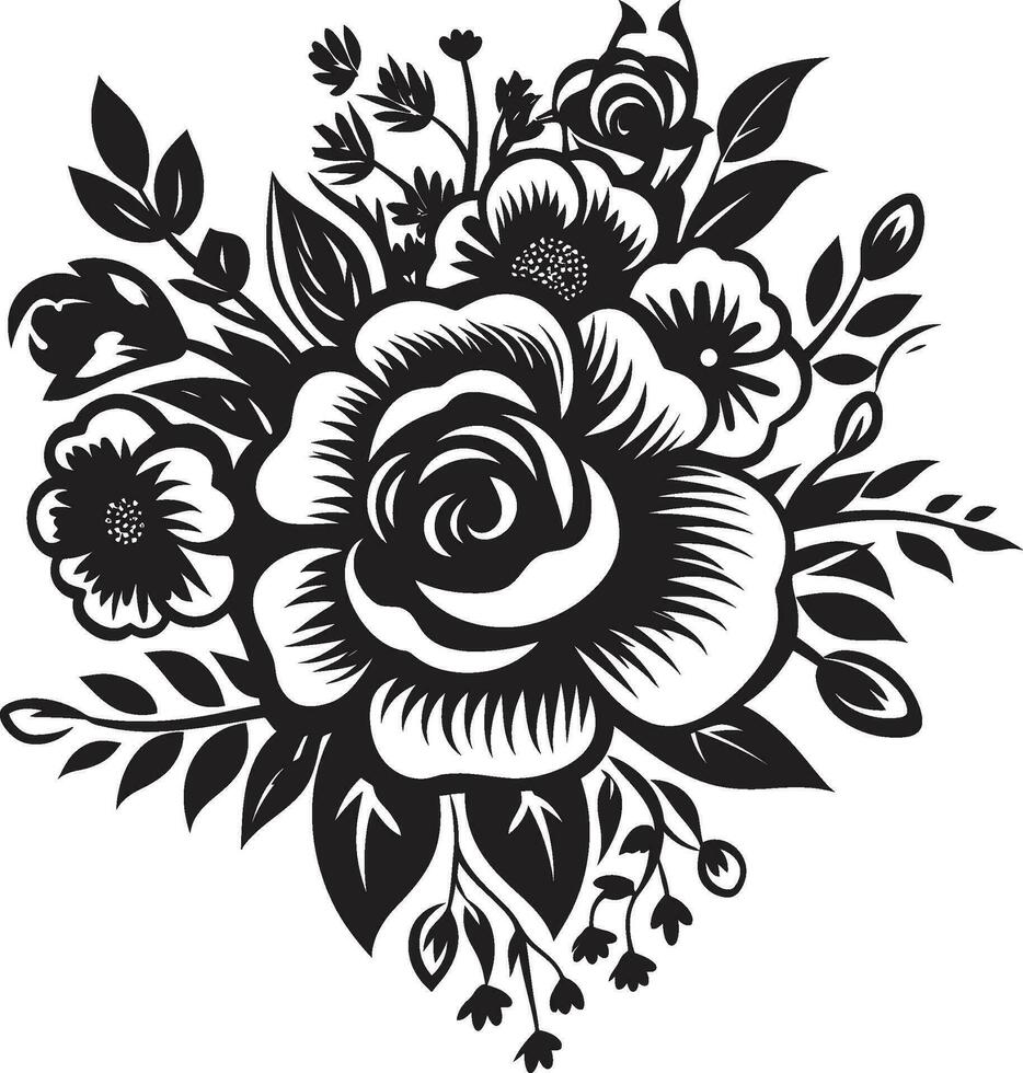 Clásico ramo de flores fusión decorativo negro emblema esculpido floración popurrí negro floral diseño vector