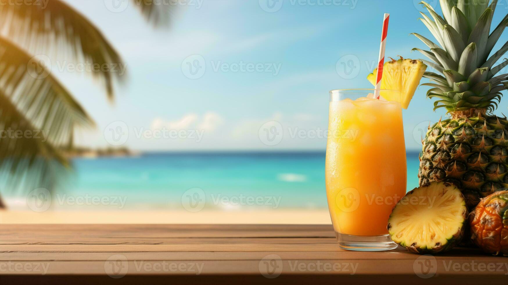 AI generated Tropical Pineapple Cocktail on Beach with Copy Space photo