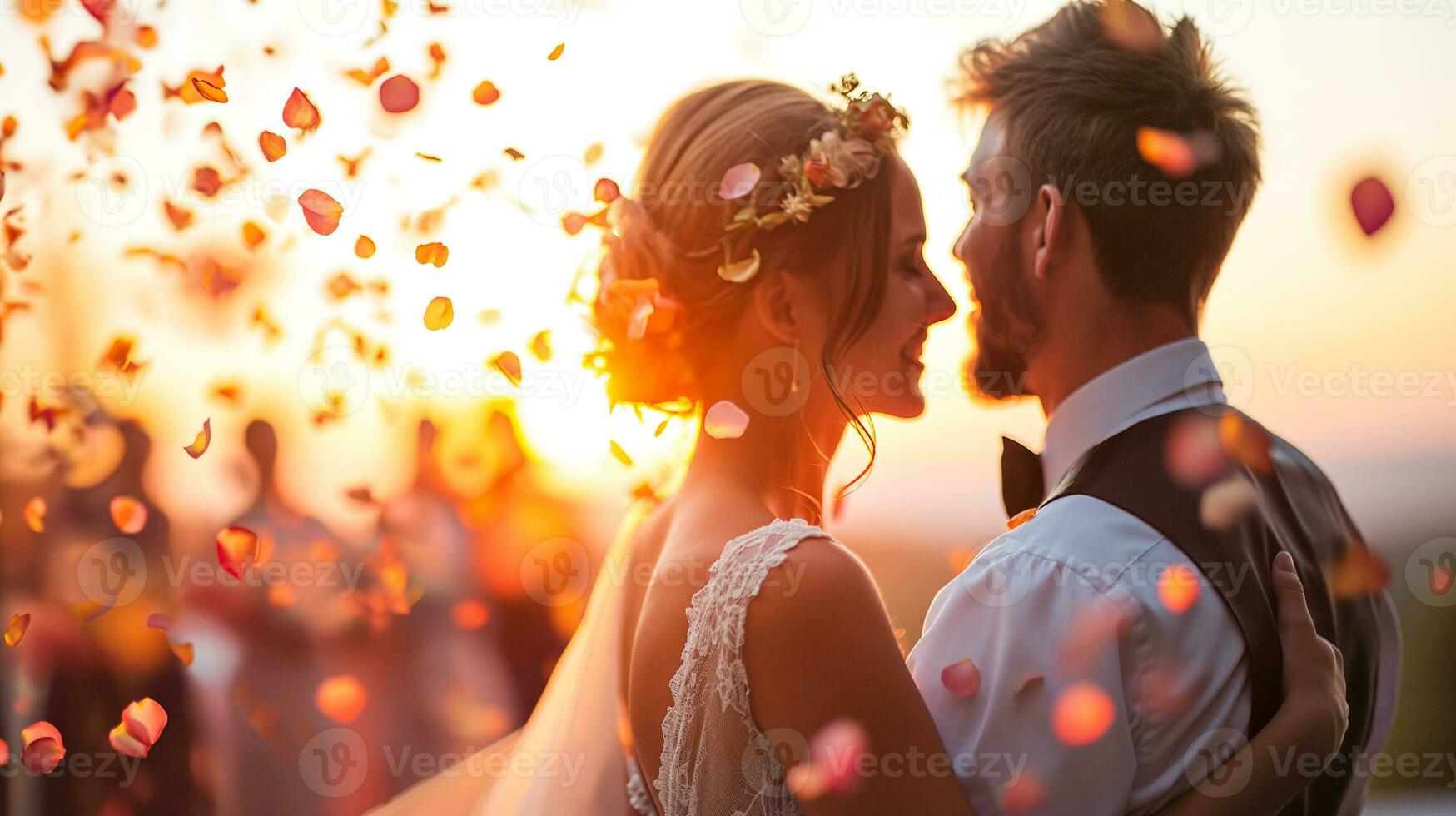 ai generado romántico al aire libre Boda celebracion, novia y del novio especial día foto