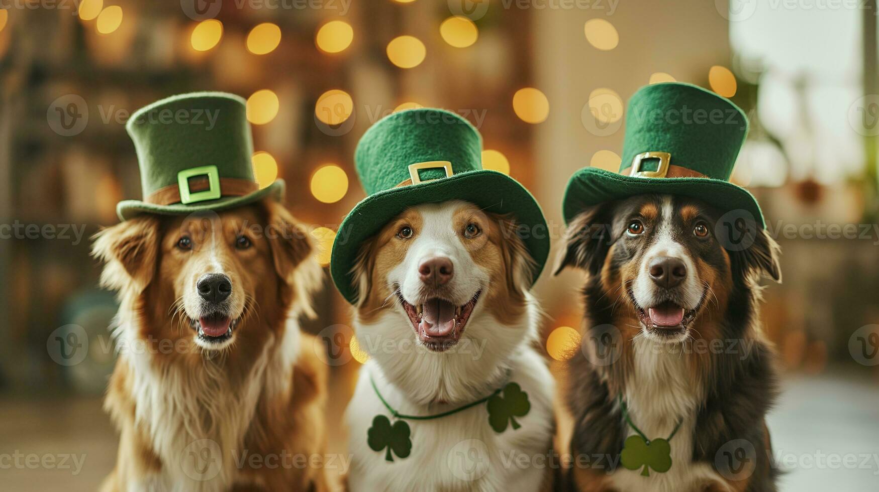 ai generado linda perros con duende sombreros, S t. patrick's día foto