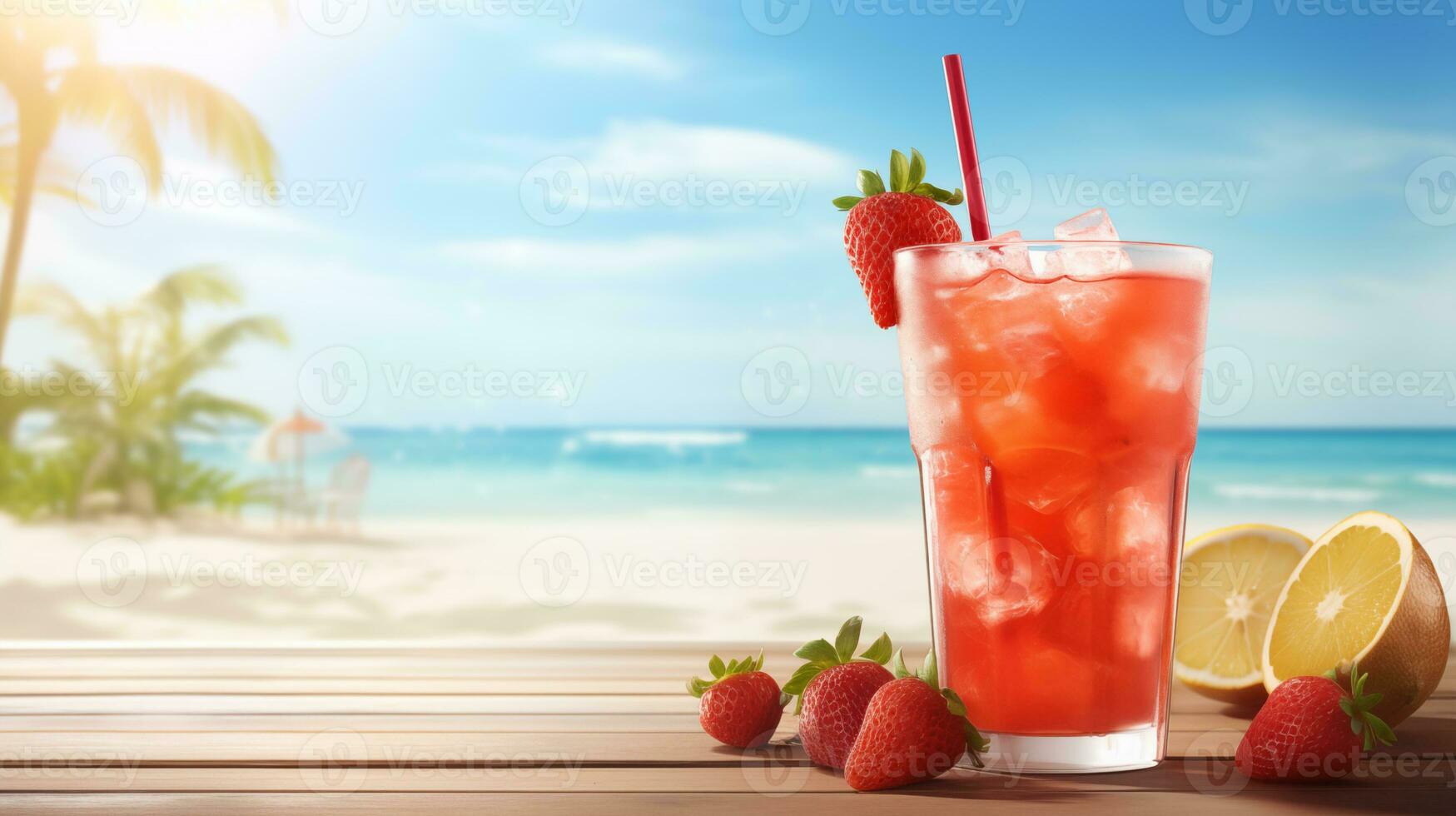 AI generated Strawberry cocktail illustration beach background with copy space for text photo