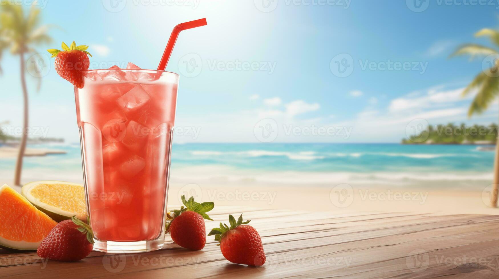 AI generated Strawberry cocktail illustration beach background with copy space for text photo