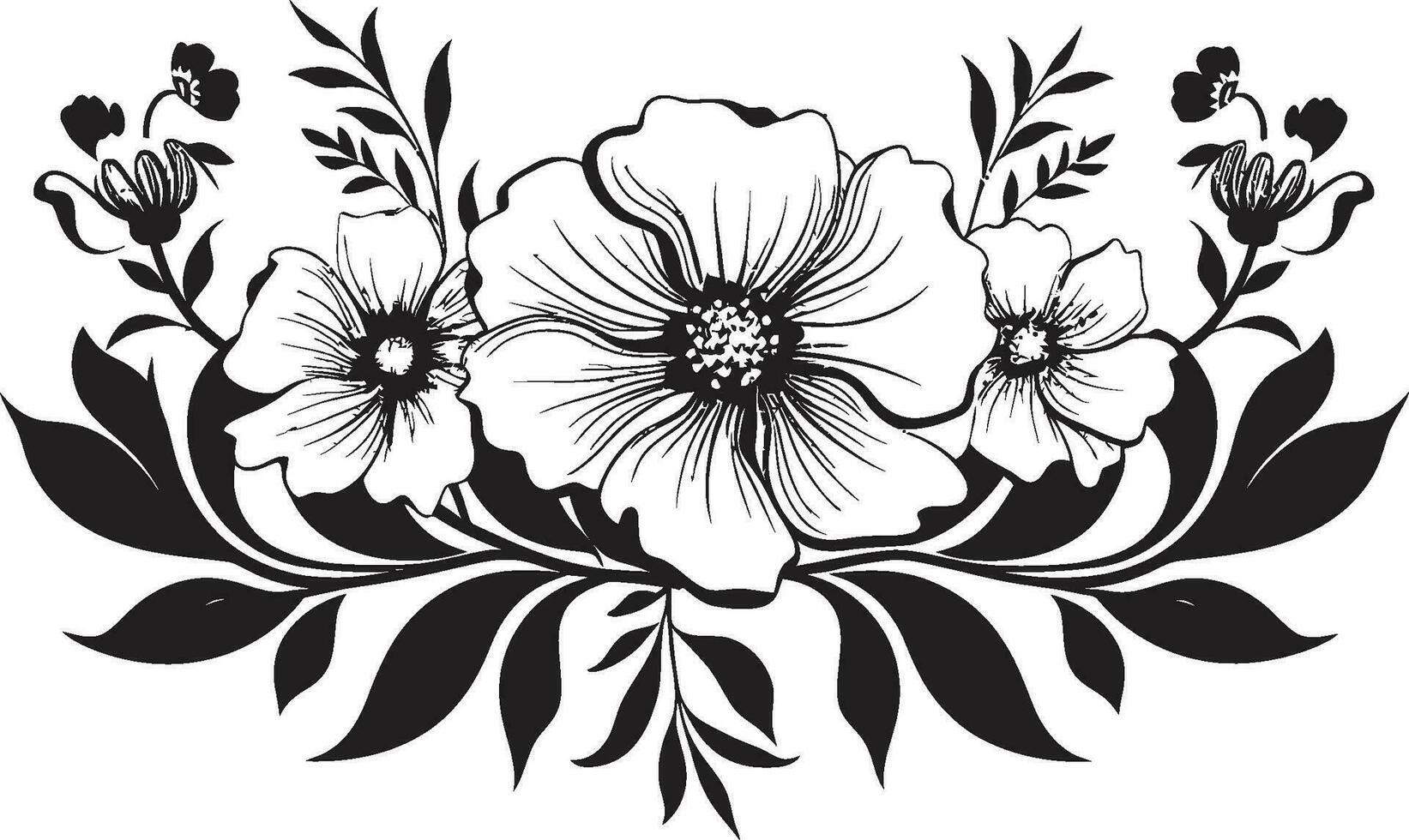 Noir Blossom Medley Black Floral Logo Elements Chic Inked Garden Whimsy Hand Drawn Florals vector