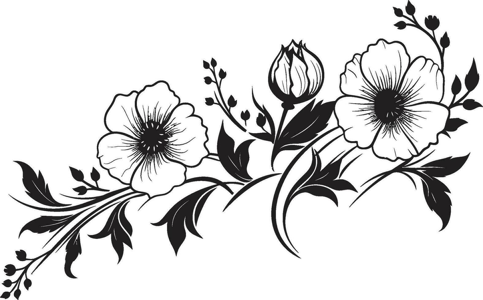 noir florecer melodías intrincado mano dibujado florales tinta noir botánico Odisea Clásico negro emblema bocetos vector