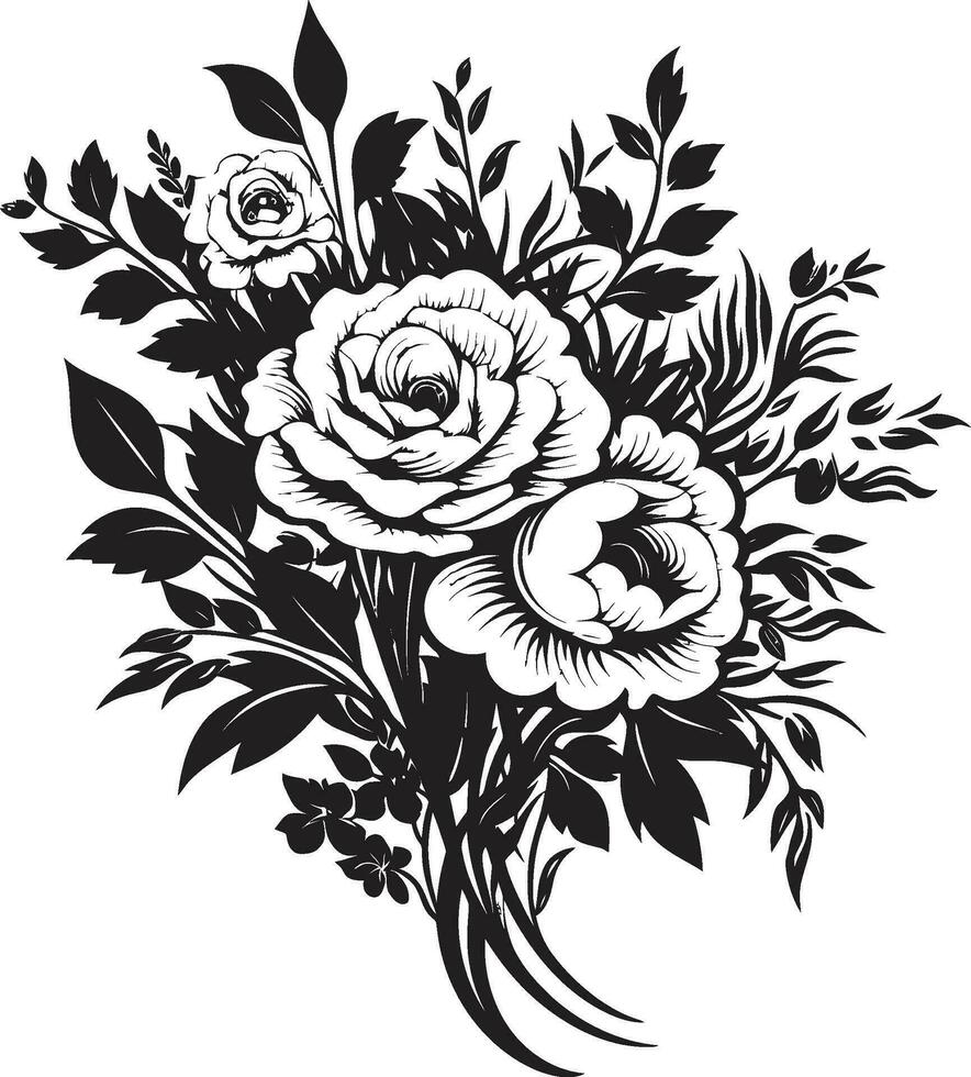 majestuoso flor racimo decorativo negro vector icono Clásico pétalo arreglo negro ramo de flores emblema