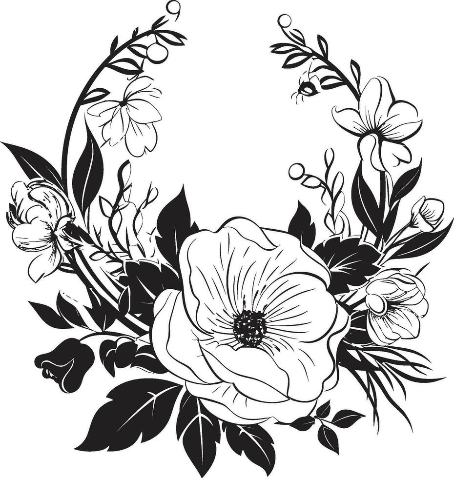 Noir Blossom Reverie Monochrome Hand Drawn Floral Art Chic Inked Petal Odyssey Black Floral Emblem Vectors
