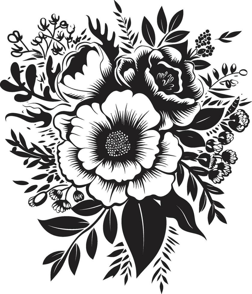 Ethereal Bloom Fusion Decorative Black Icon Timeless Flower Posy Black Vector Emblem