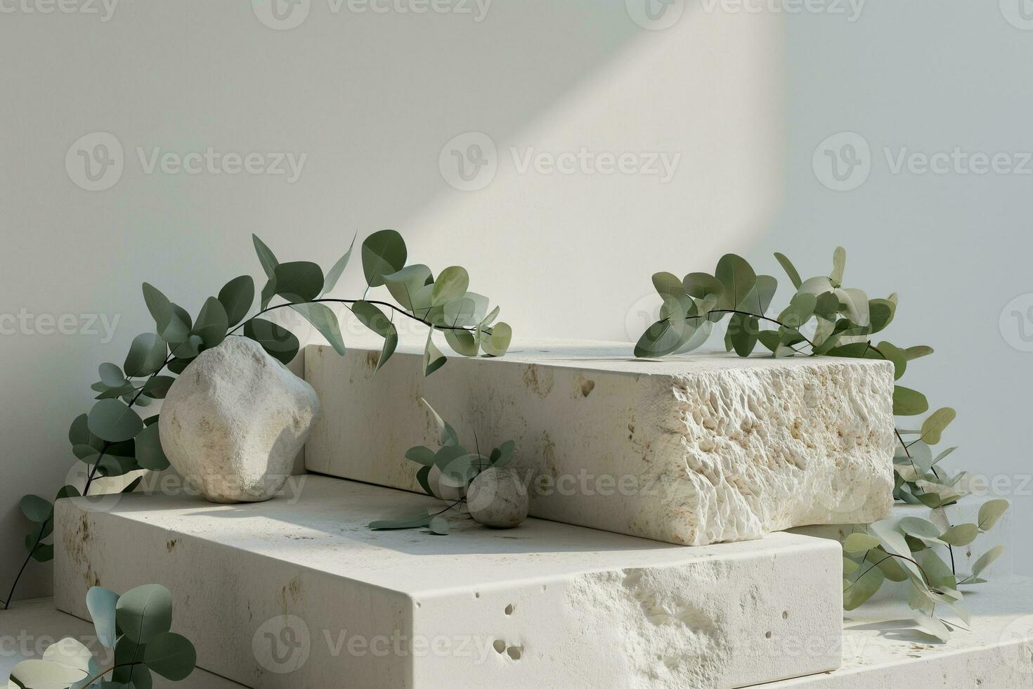 ai generado blanco Roca losa podio para producto monitor con eucalipto hojas foto