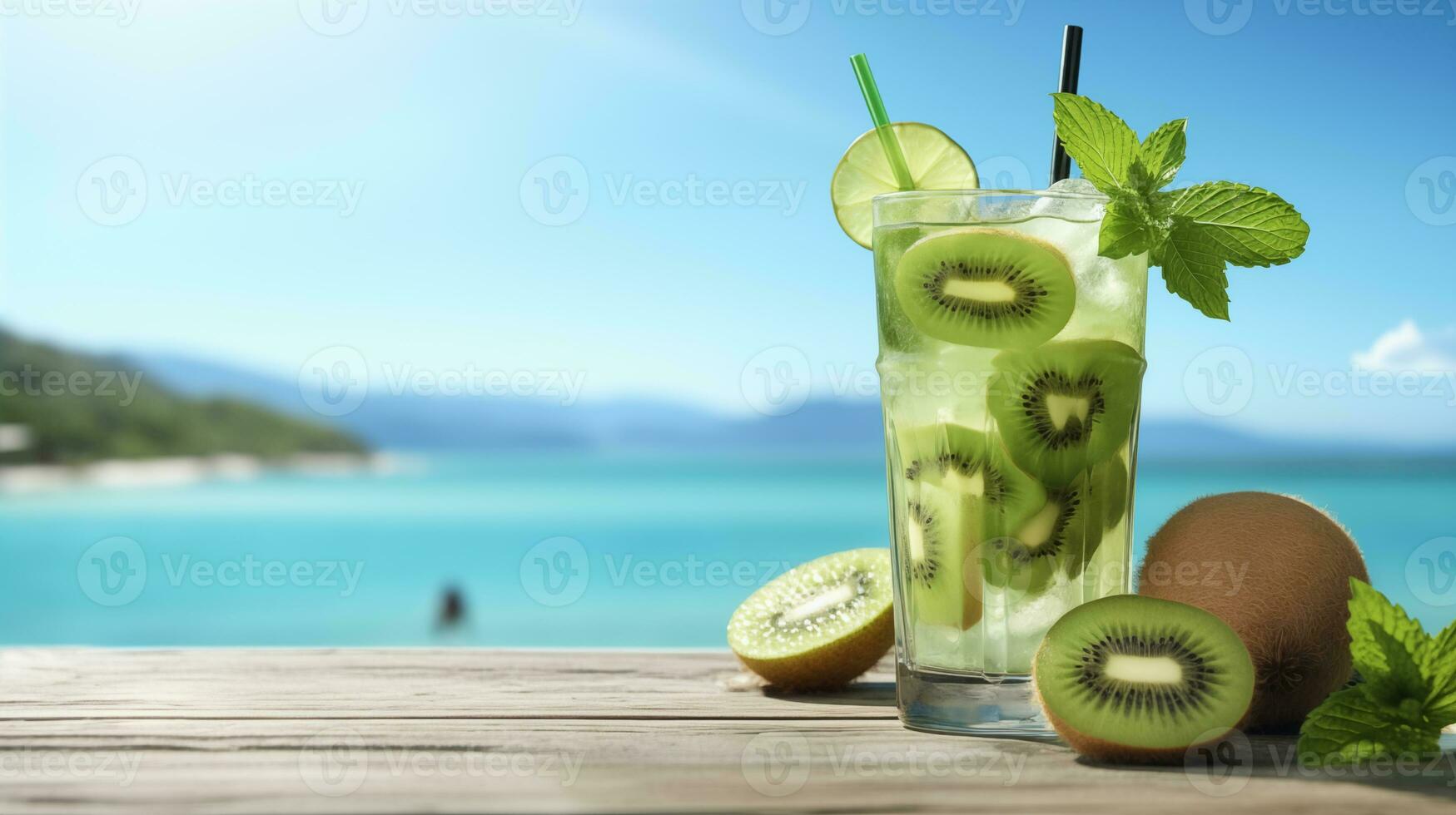 AI generated Kiwi cocktail illustration beach background with copy space for text photo