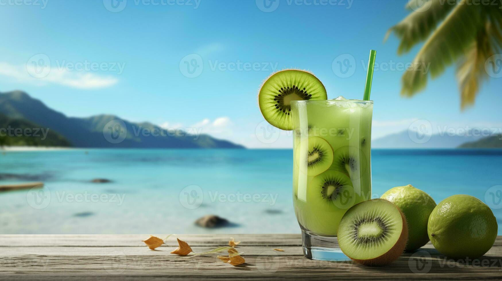 ai generado kiwi cóctel ilustración playa antecedentes con Copiar espacio para texto foto