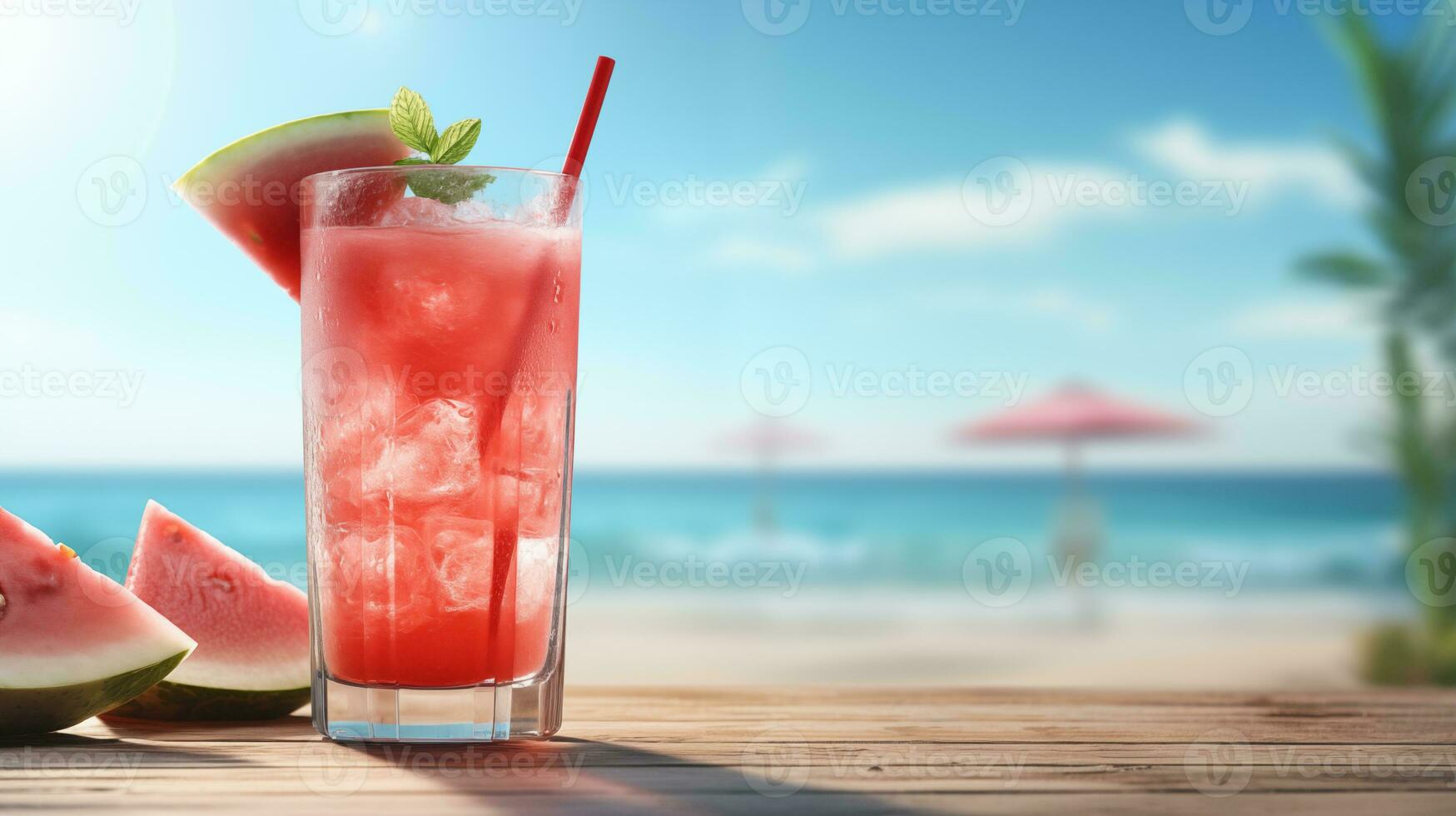 AI generated Watermelon cocktail illustration beach background with copy space for text photo