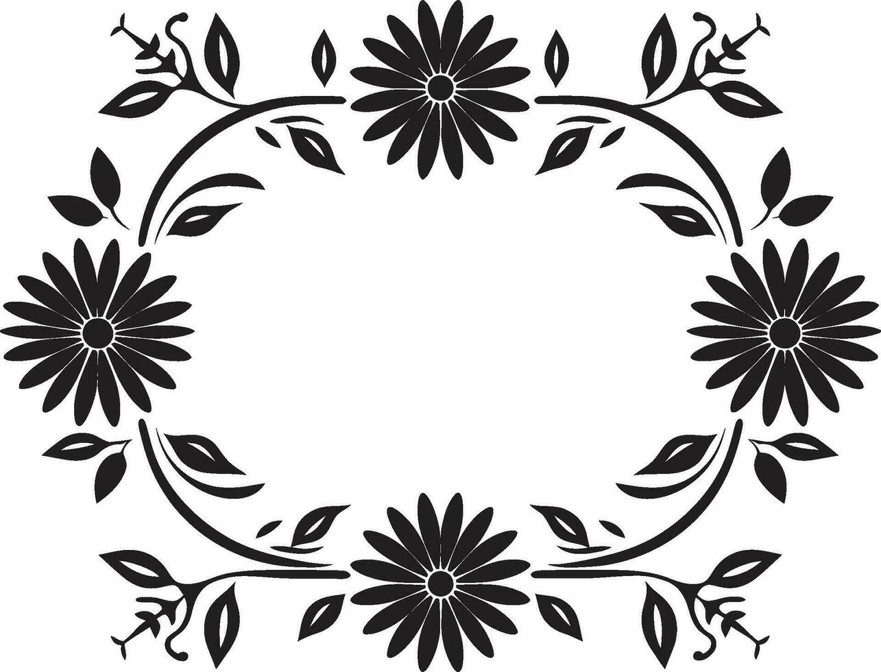 Floral Symmetry Geometric Tile Emblem in Black Vector Botanical Tessellations Black Vector Floral Design