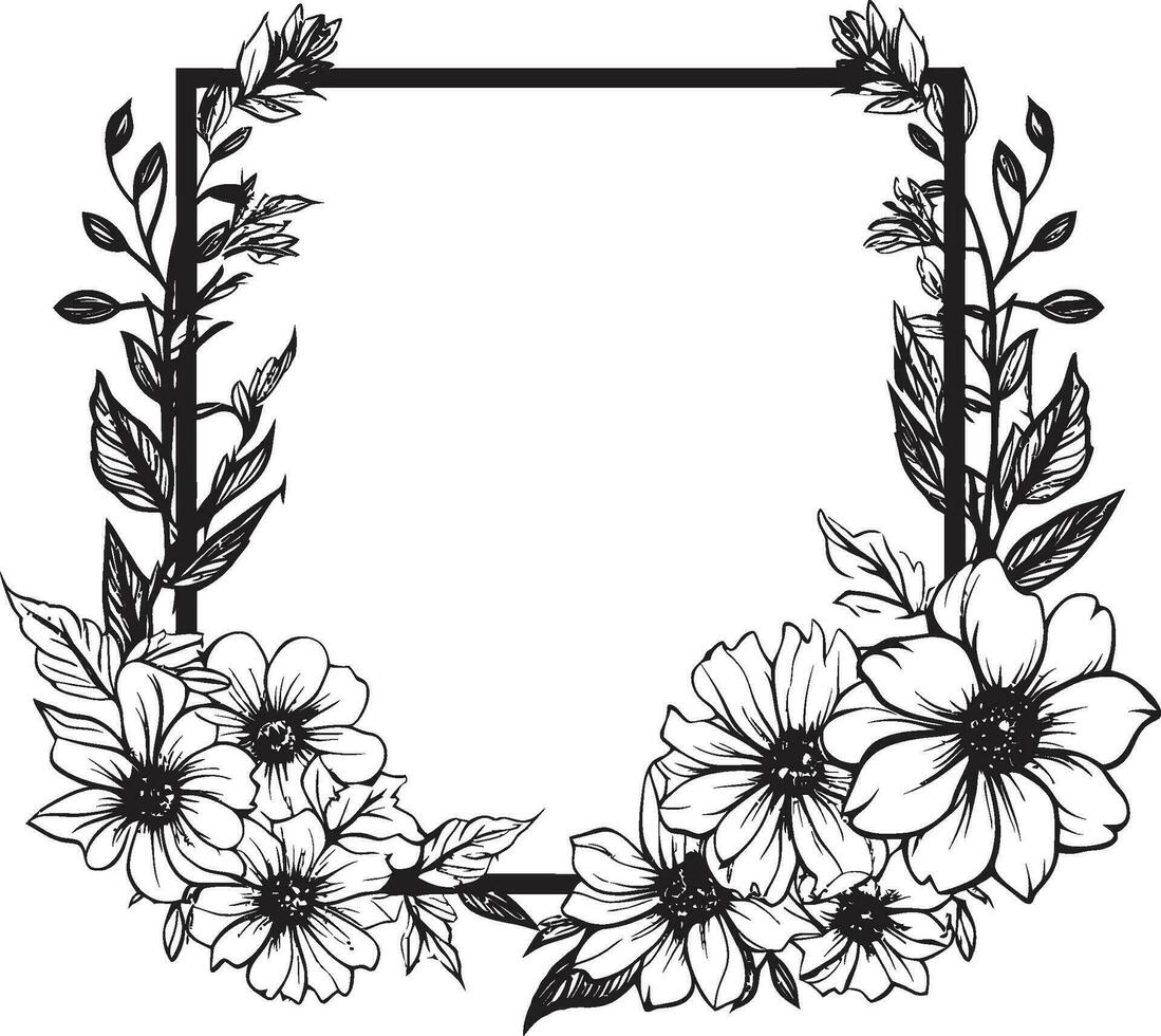 Whispering Bloom Enclose Black Floral Emblem Regal Petal Frame Decorative Black Icon vector