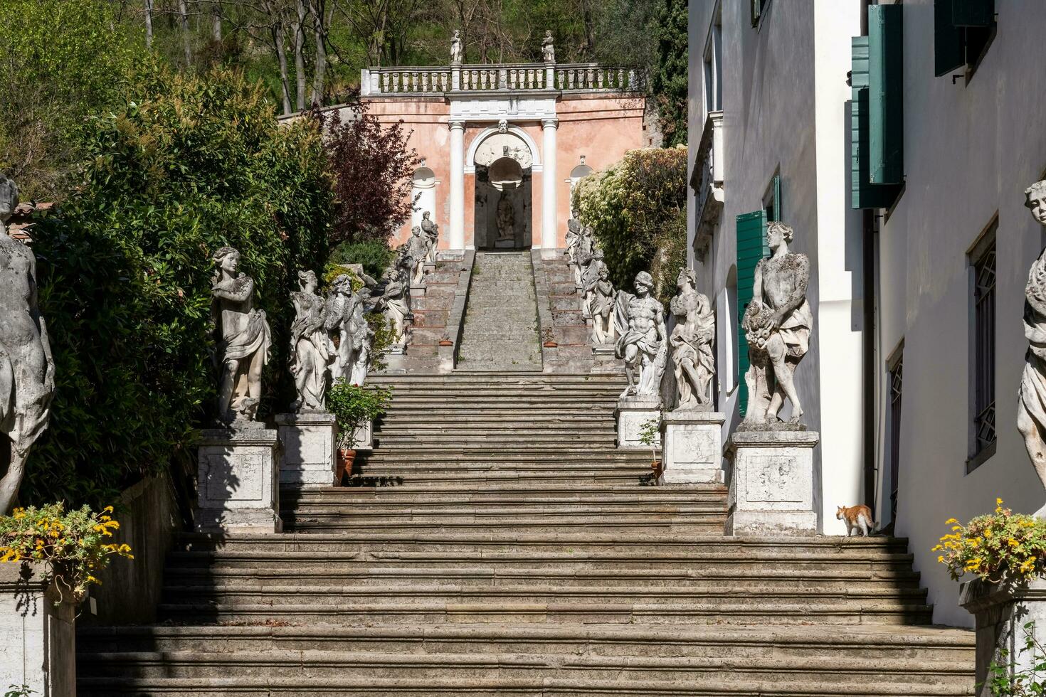 Monselice, Italy-April 16, 2023-View of the staircase of the historic villa on the sanctuary road in Monselice during a sunny day photo