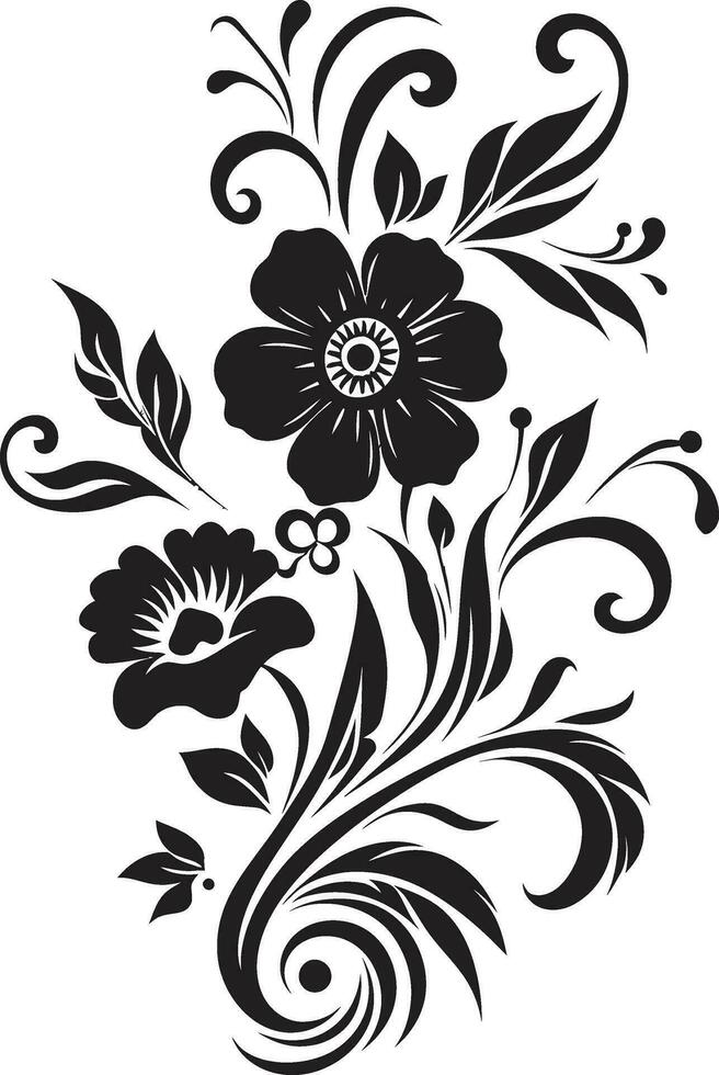 Charming Floral Etchings Black Vector Icon Dynamic Handcrafted Foliage Iconic Logo Symbol