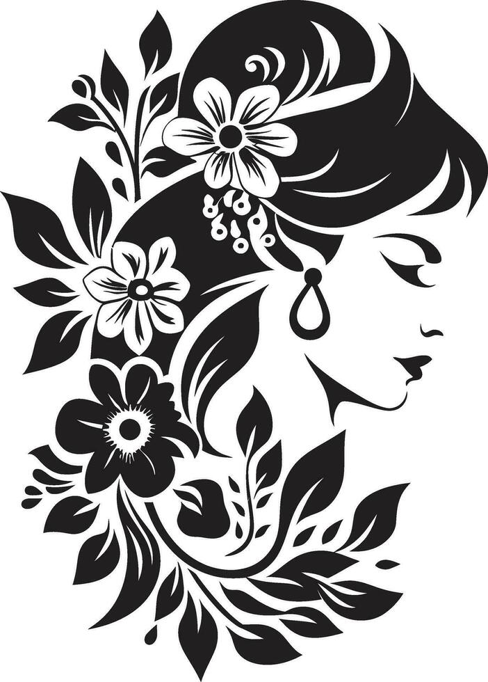 Elegant Floral Contours Vector Black Face Graceful Petal Portrait Artistic Woman Icon