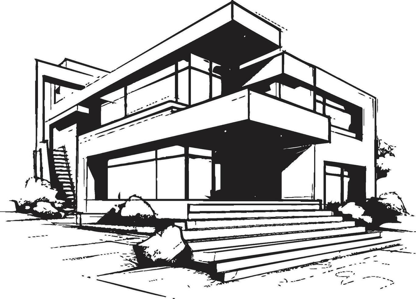 Urban Villa Impression Modern City House in Bold Black Cityline Mansion Sketch Villa Vector Outline in Urban Flair