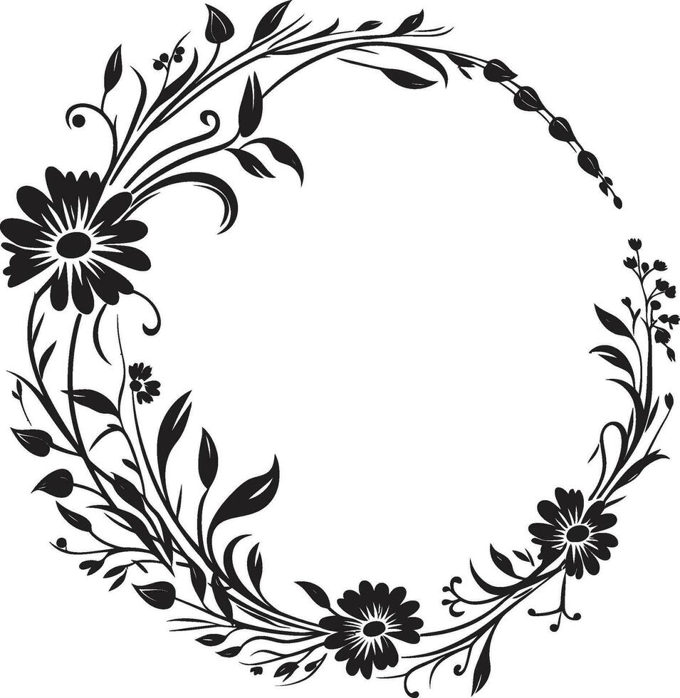 Aesthetic Floral Surround Black Frame Icon Majestic Flower Border Decorative Black Logo vector