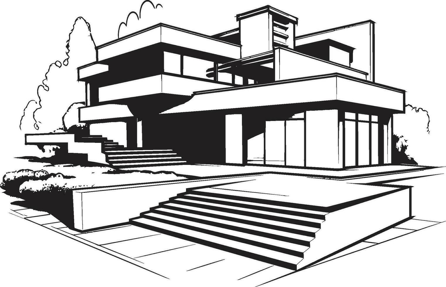 Cityline Mansion Sketch Villa Vector Outline in Urban Flair Stylish Cityscape Residence Villa Icon in Crisp Black Lines