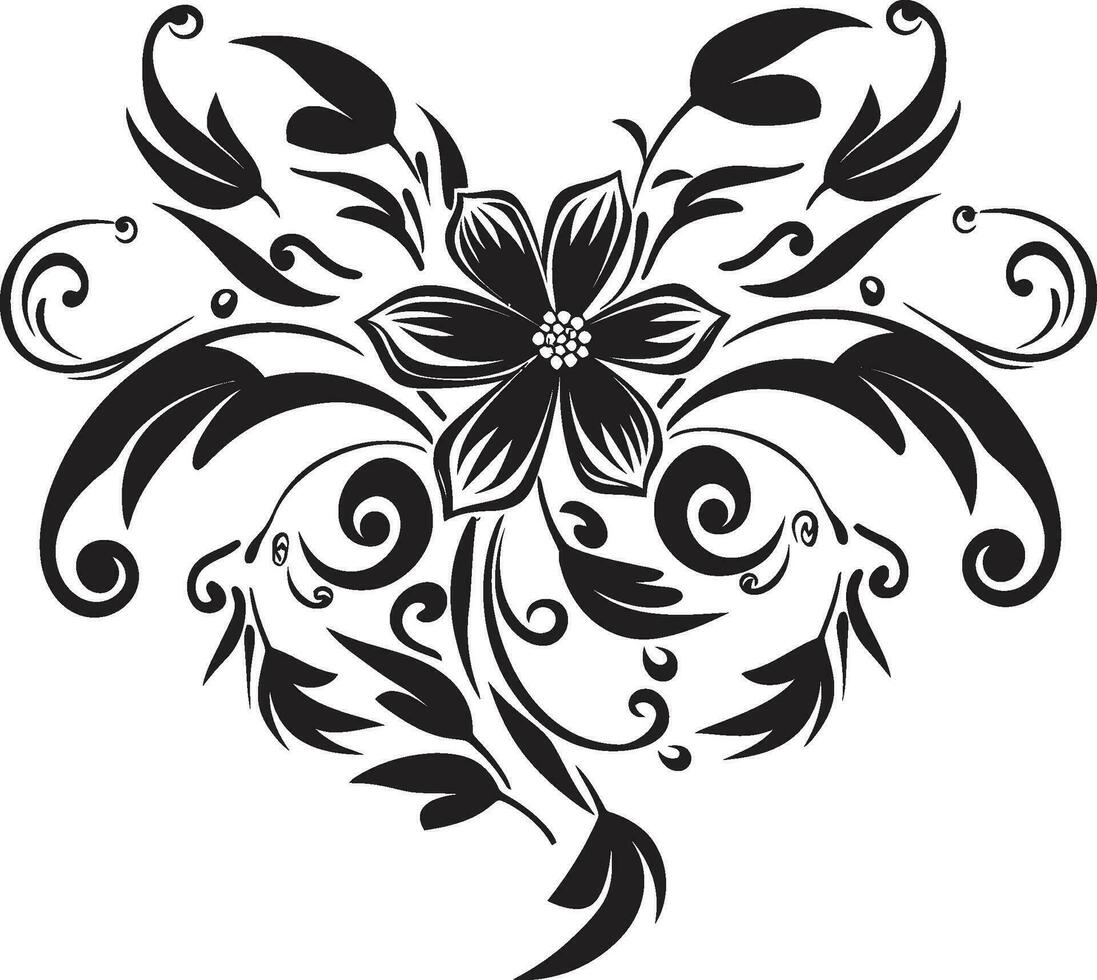 Noir Petal Beauty Hand Rendered Vector Logo Design Whimsical Floral Whirl Black Iconic Emblem