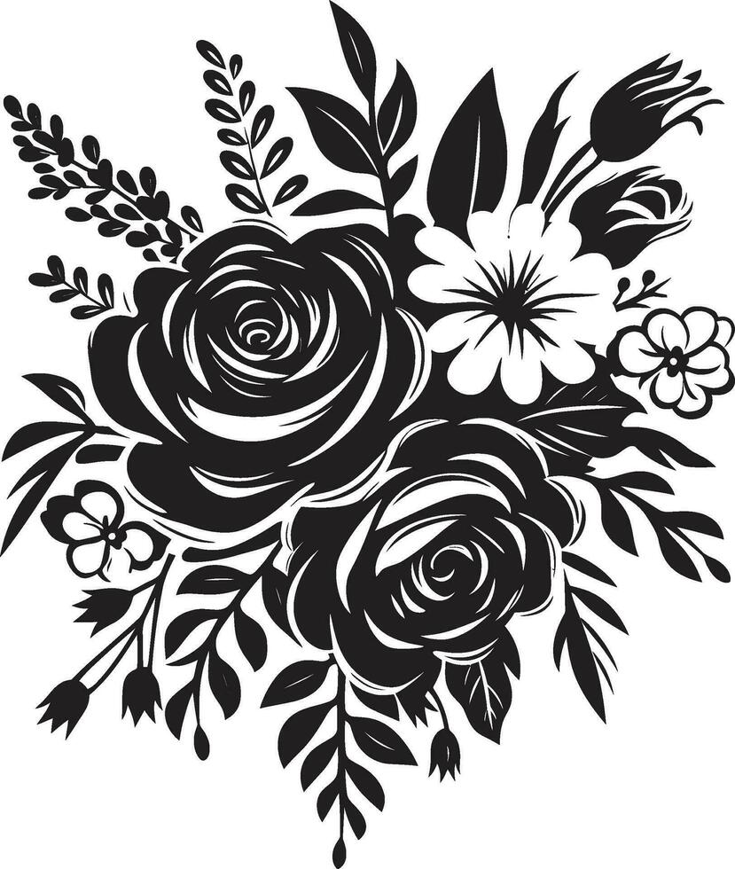 Botanic Bouquet Fusion Black Vector Logo Ethereal Blossom Ensemble Decorative Black Icon Design