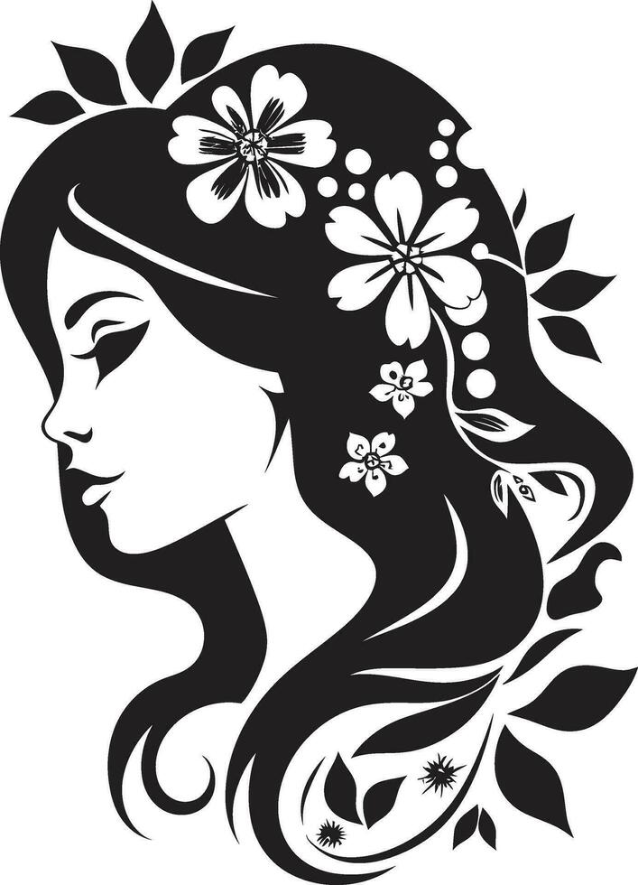 Abstract Flora Fusion Black Artistic Face Emblem Elegant Botanical Glamour Vector Woman Icon