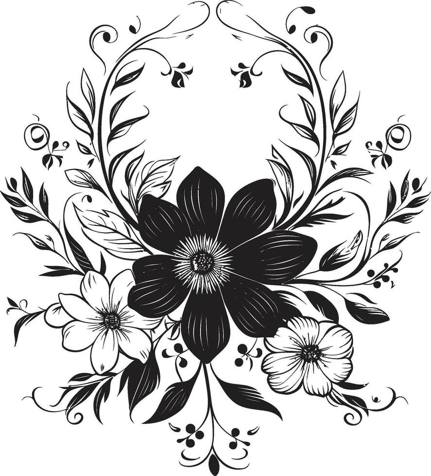 Ethereal Inked Blooms Black Floral Emblem Chronicles Chic Noir Botanical Echoes Hand Drawn Black Logo Vectors