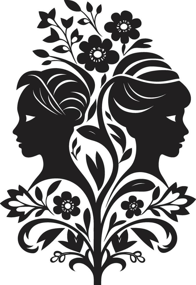 Sophisticated Flora Charm Black Vector Icon Abstract Blossom Radiance Woman Face Emblem