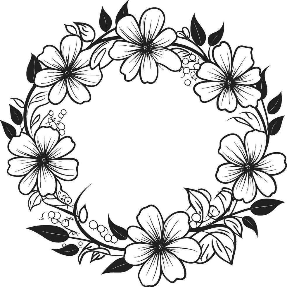 Artistic Petal Circlet Wedding Black Icon Minimalist Wreath Sketch Black Floral Emblem vector