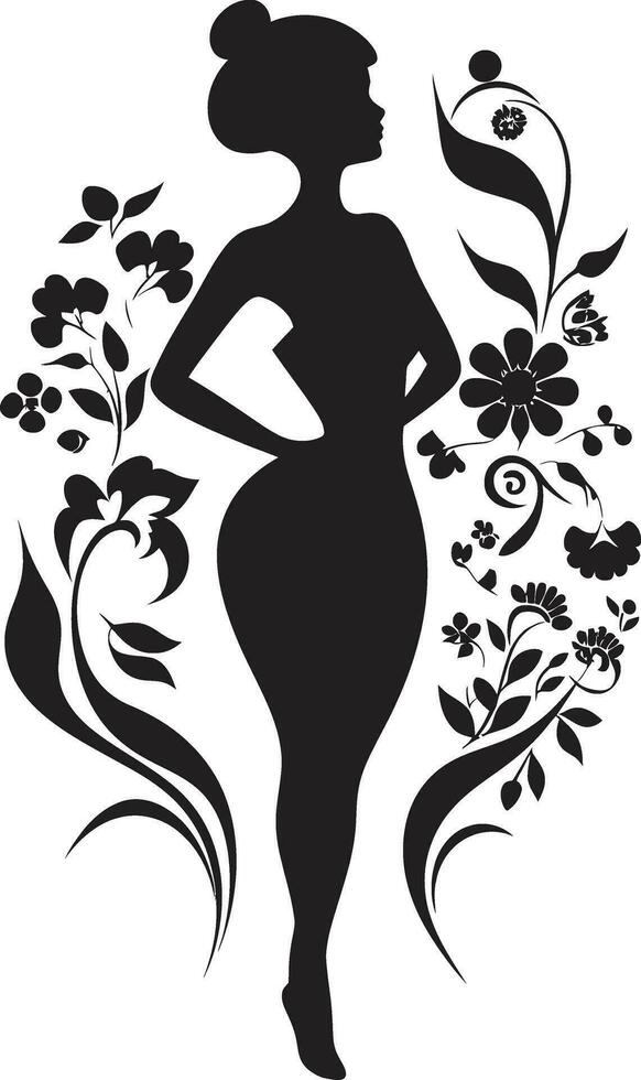 Elegant Botanical Ensemble Vector Woman Icon Graceful Full Body Florals Black Emblem Design