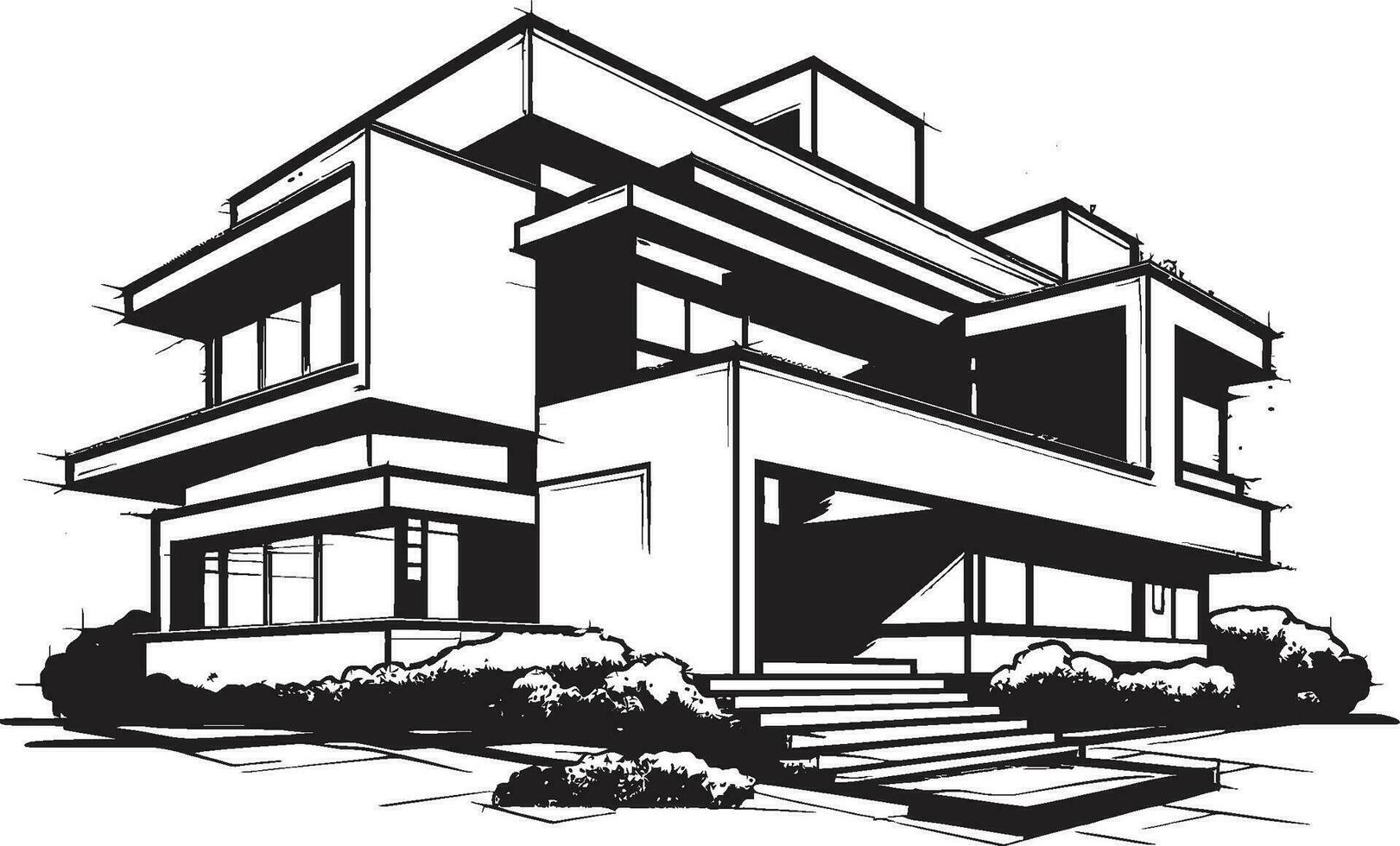 Urban Villa Impression Sleek City House in Bold Black Cityline Mansion Sketch Villa Vector Outline in Urban Style