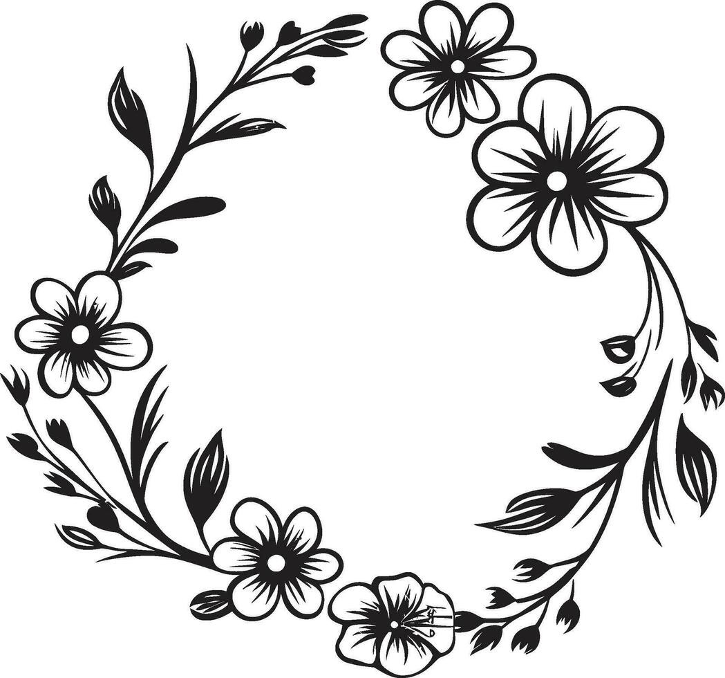 pétalos en elegancia negro marco logo florecer vals vector icono con floral marco