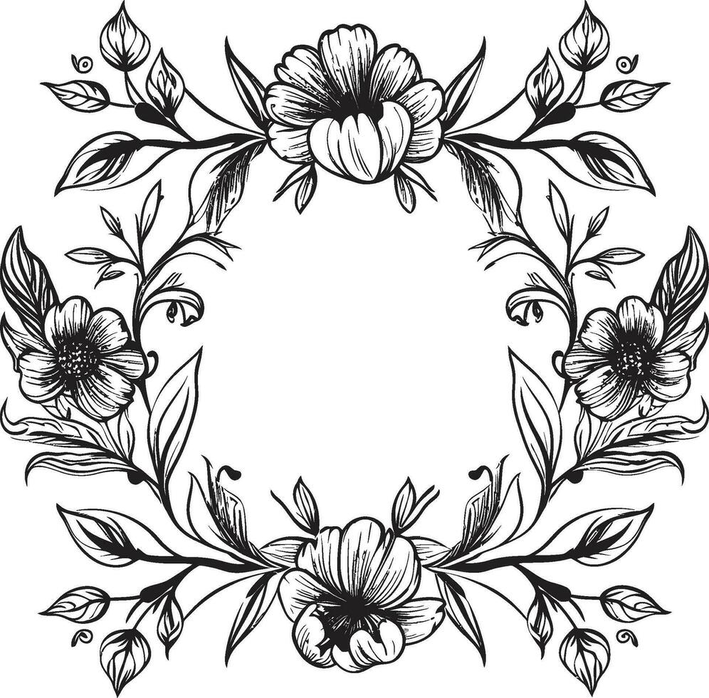 Ornate Inkwell Delicate Florals, Framed in Gothic Chic. Midnight Bouquet A Hauntingly Beautiful Floral Emblem. vector